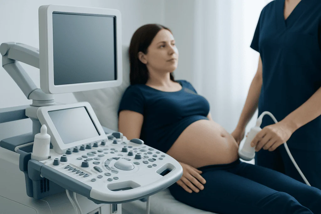 Pregnant woman undergoing ultrasound examination at hospital.