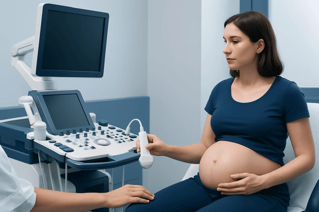 Pregnant woman undergoing ultrasound examination at a hospital.
