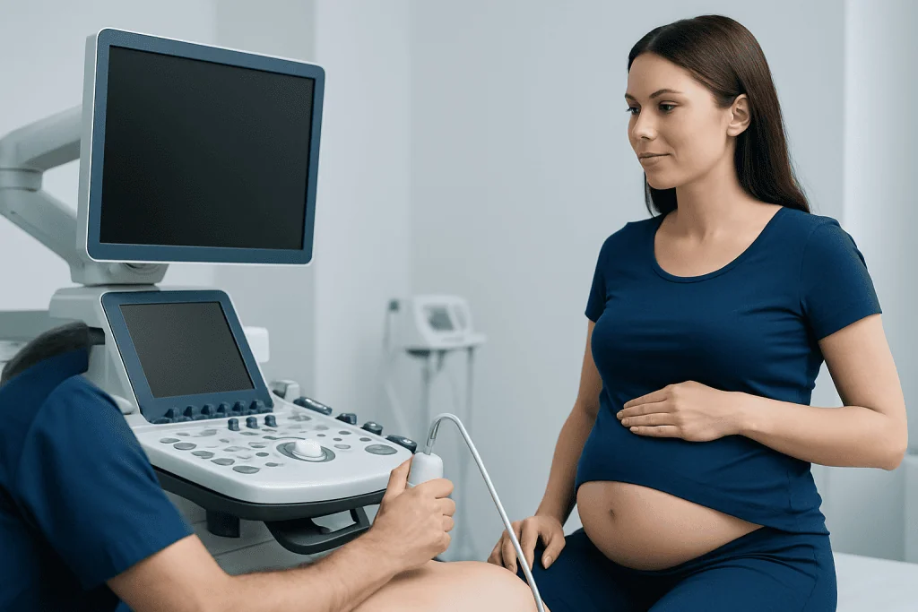Pregnant woman at ultrasound appointment in a medical clinic.