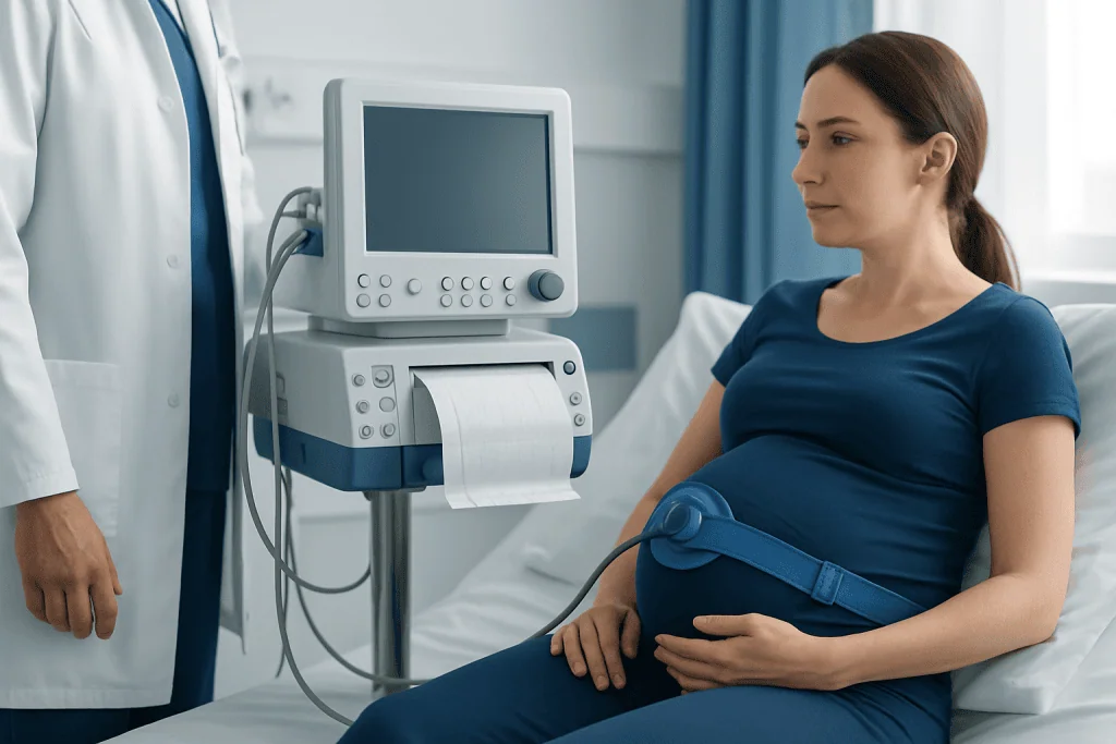 Pregnant woman undergoing ultrasound examination in hospital.