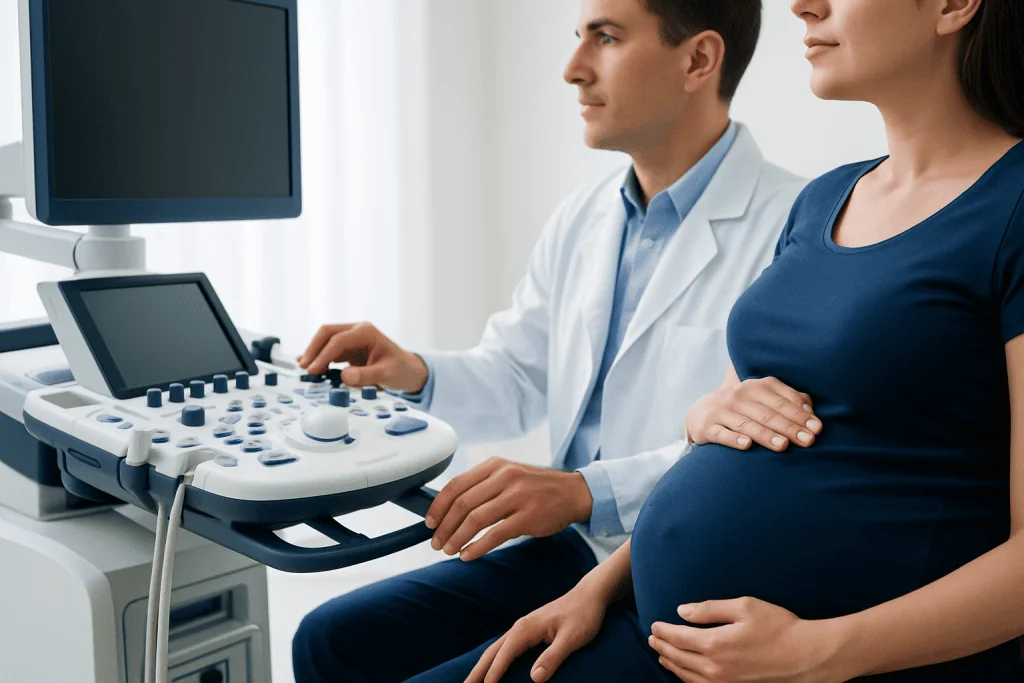 Pregnant woman at ultrasound appointment with doctor in clinic.
