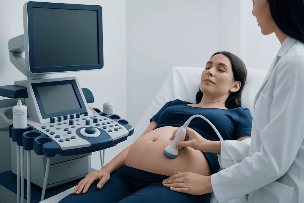 Pregnant woman undergoing ultrasound examination in hospital.