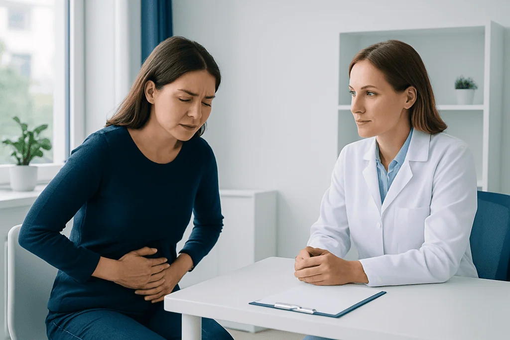 Woman experiencing abdominal pain during medical consultation at Acibadem Hospital.