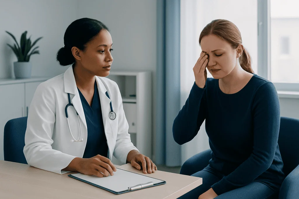 Doctor consulting with a woman experiencing eye pain or discomfort.