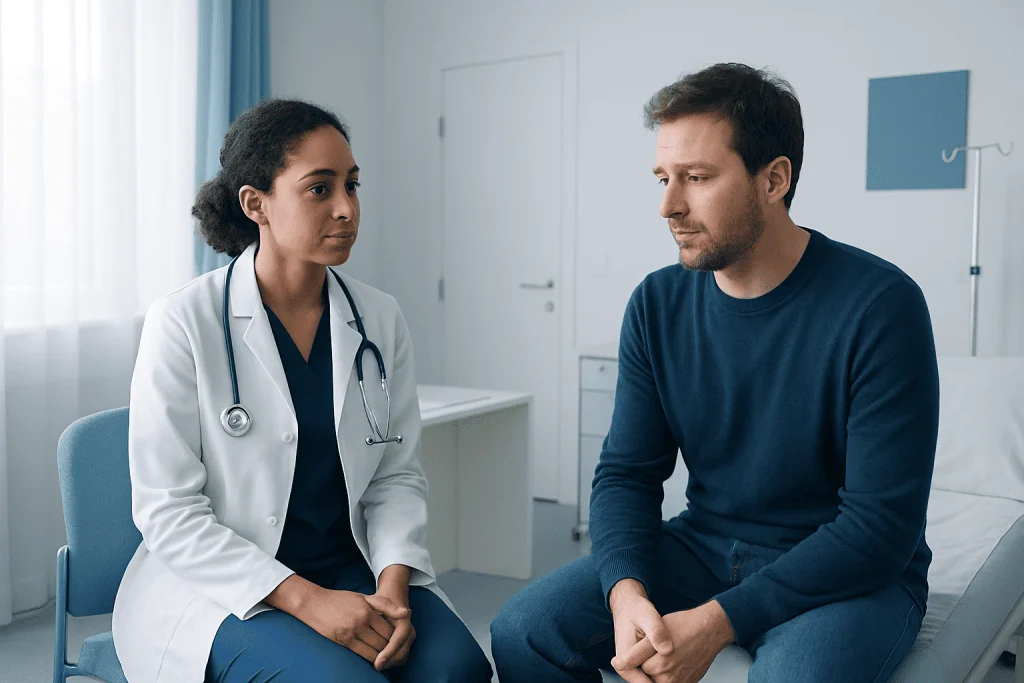 Doctor consulting with a patient in a hospital room.