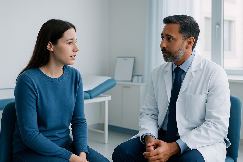 Doctor consulting with young woman in a medical office setting.
