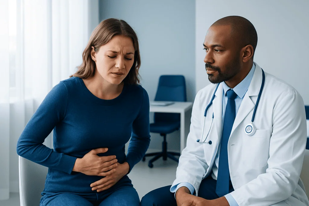 Doctor consulting with a woman experiencing stomach pain in a medical office.