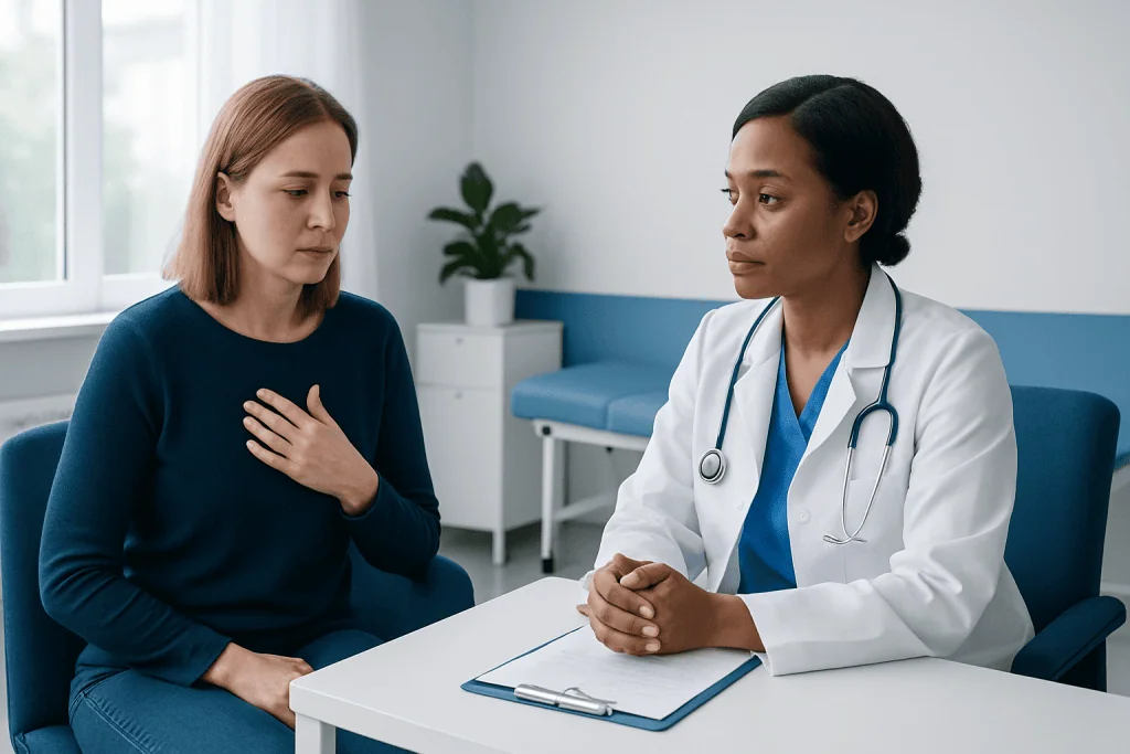 Doctor consulting with a female patient in a modern clinic setting.