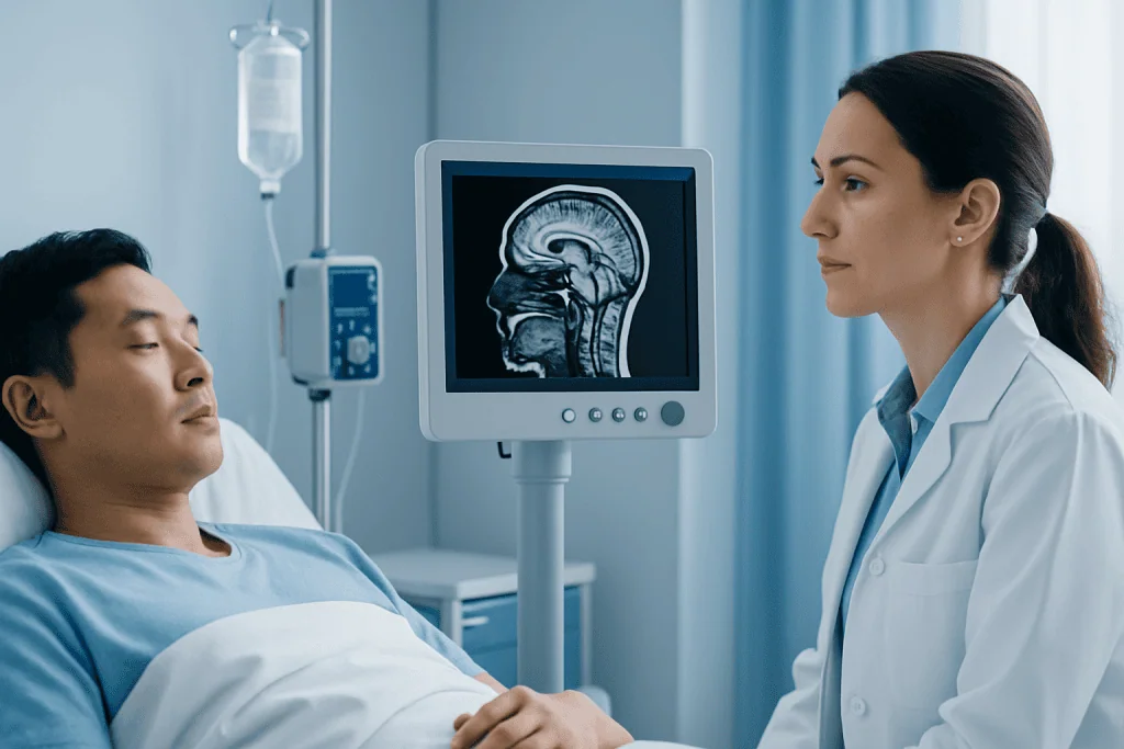 Doctor reviewing brain MRI scan with patient in hospital room.