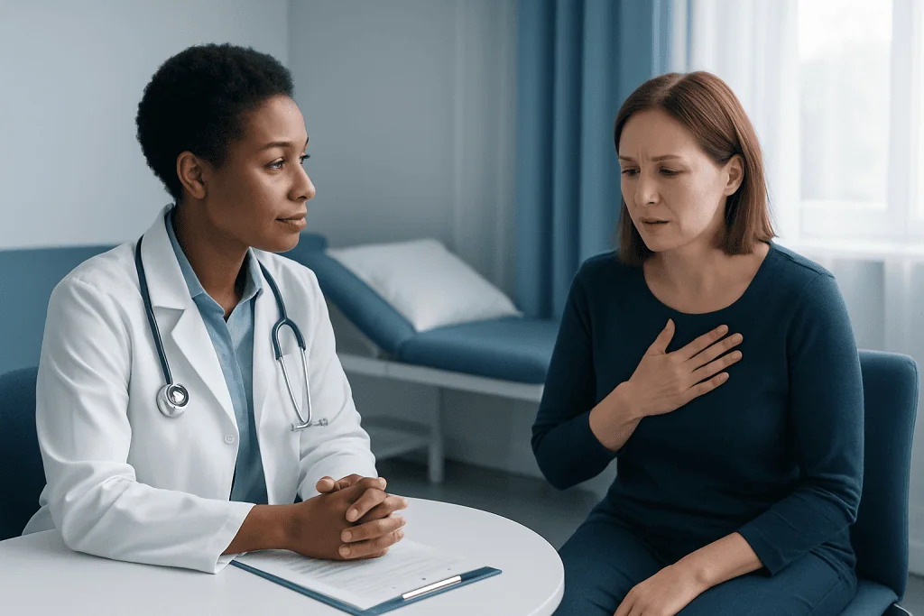 Doctor consulting with a patient about embolism symptoms and treatment options.