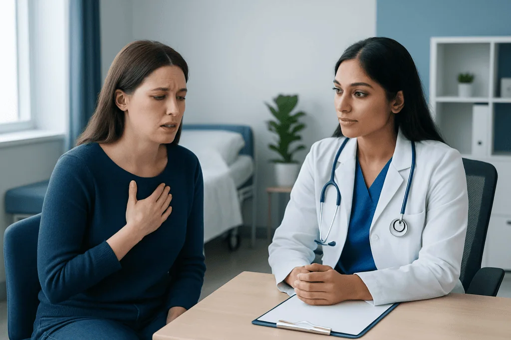 Doctor consulting with a patient about health concerns in a medical office.
