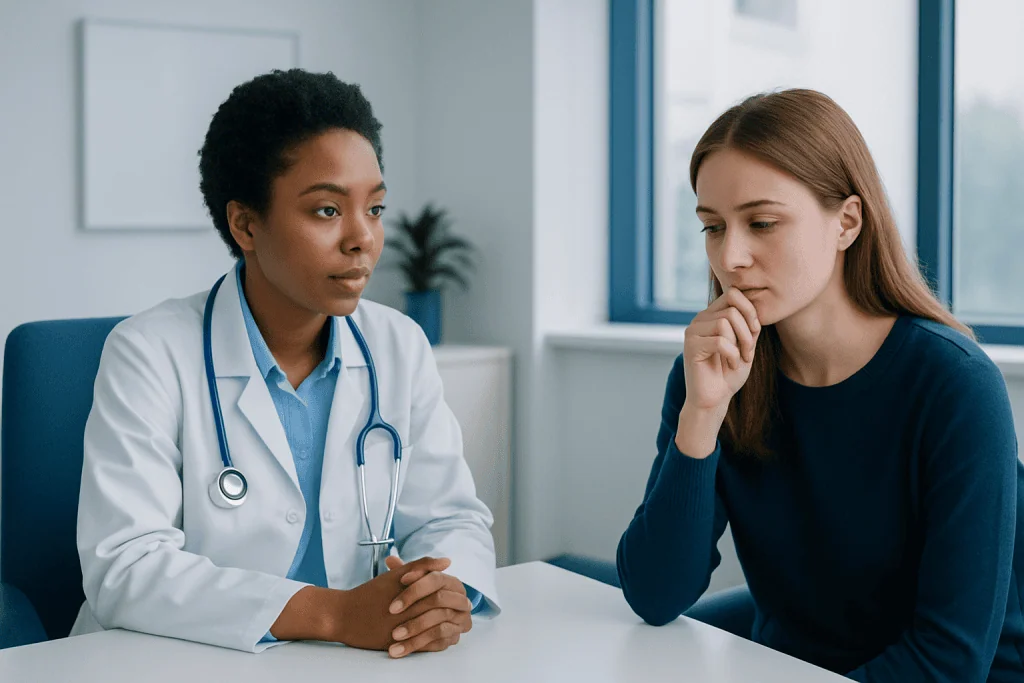 Doctor consulting with a patient about sexual health and STDs.