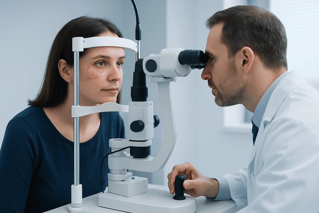 Ophthalmologist examining a woman's eye with a slit lamp in a clinical setting.