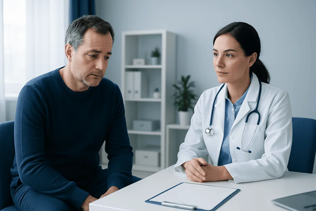 Doctor consulting with male patient in a medical office.