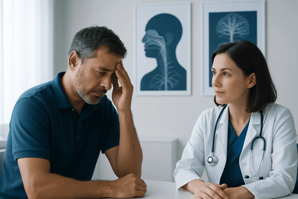 Patient experiencing headache consultation with doctor in clinic.