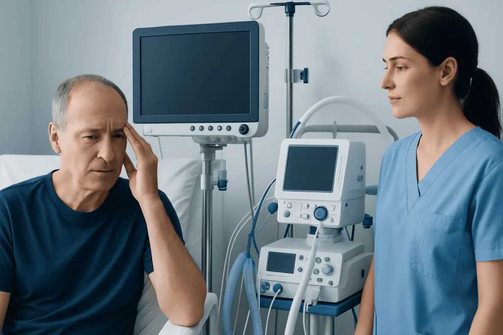 Patient experiencing headache in hospital room with medical equipment.