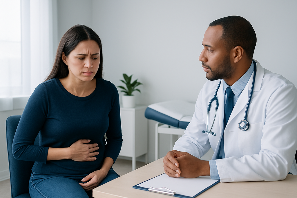 Doctor consulting with a woman patient about stomach pain.