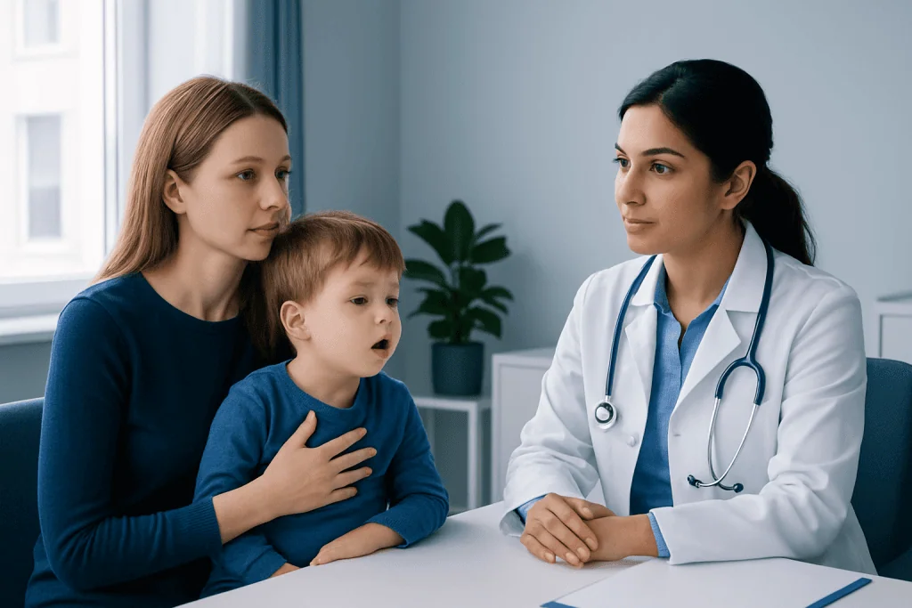 Pediatric consultation at Acibadem Hospital with doctor and young patient.