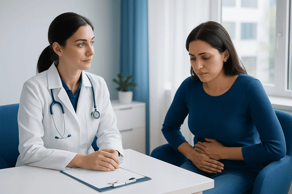 Doctor consulting with patient about medication side effects in clinic.