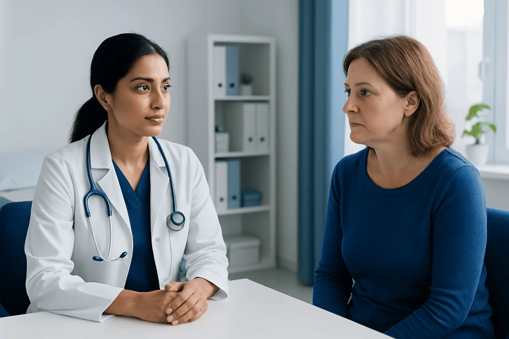 Doctor consulting with a female patient in a medical office.