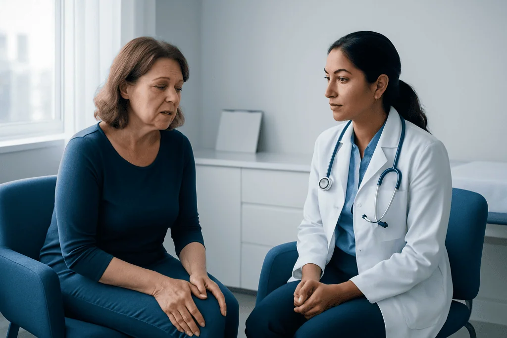 Doctor consulting with a woman patient about deep vein thrombosis risks.