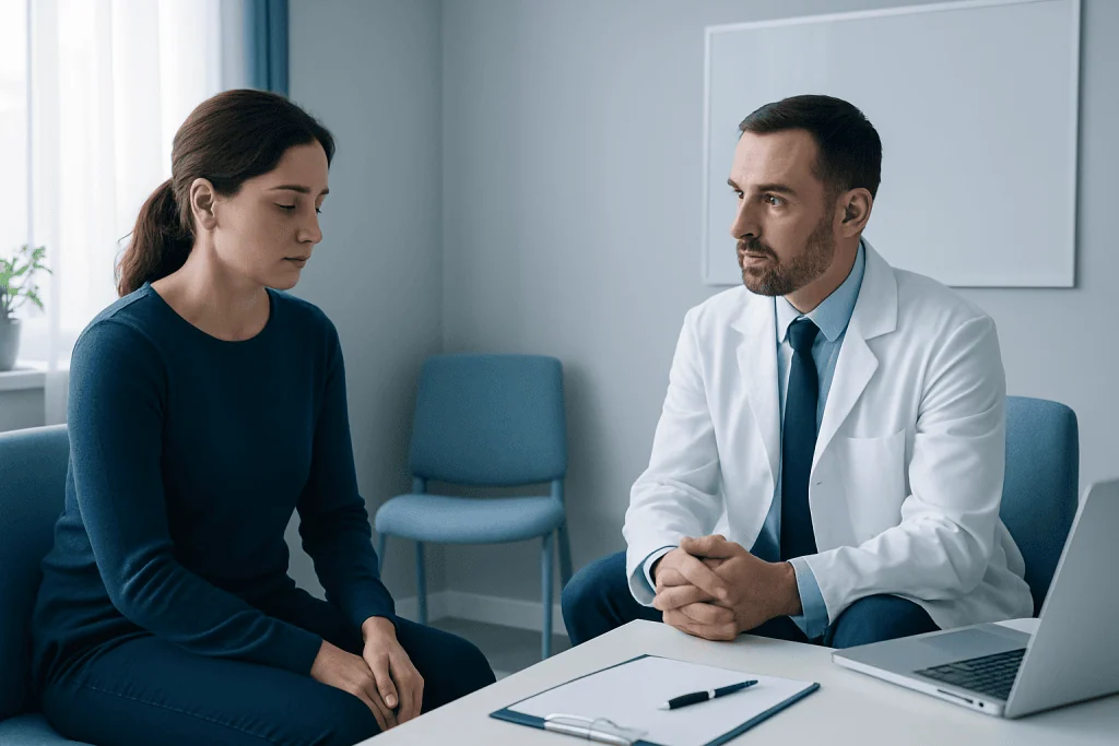 Doctor consulting with a patient in a medical office setting.