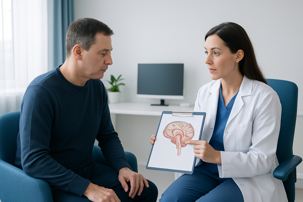 Doctor explaining brain scan to patient in a medical consultation.