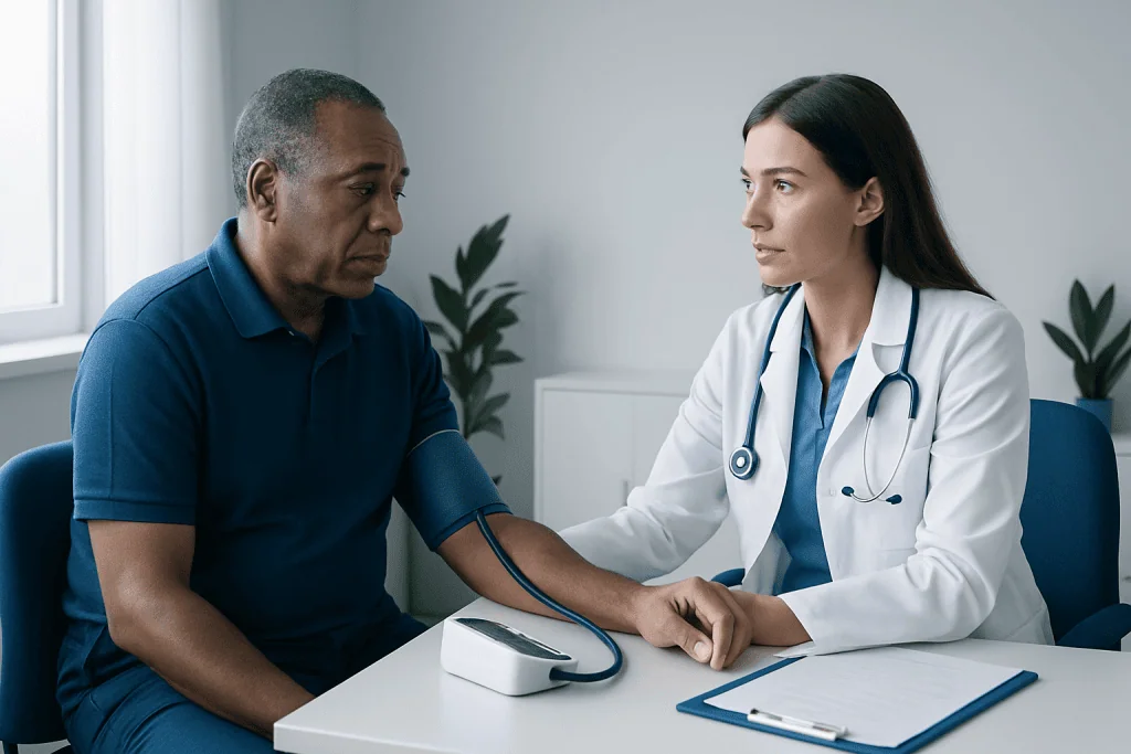 Doctor measuring patient's blood pressure in a clinical setting.
