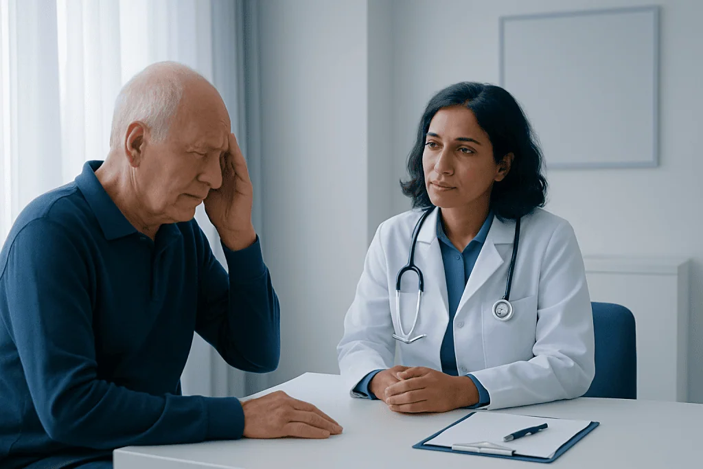 Doctor consulting with an elderly patient about health concerns in a medical office.