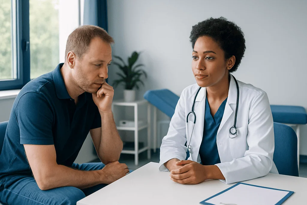 Doctor consulting with male patient in a medical office setting.