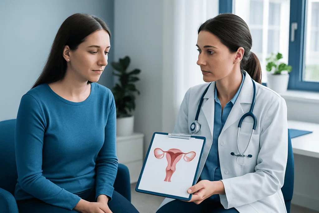 Gynecologist explaining uterine health to a patient with a diagram of the female reproductive system.