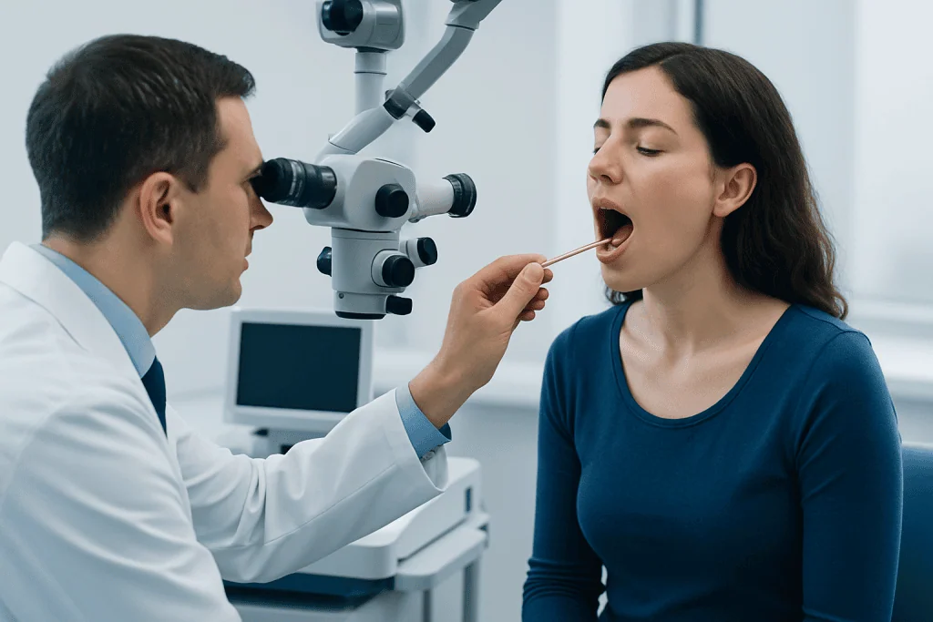 ENT specialist examines throat using a mirror during a consultation.