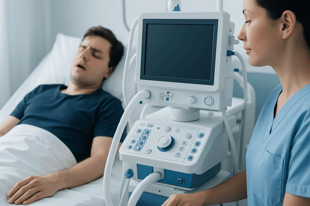 Patient undergoing sleep study with medical staff monitoring equipment.