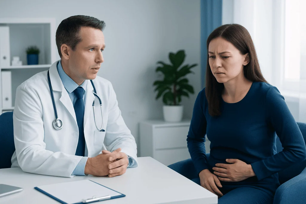 Doctor consulting with a woman patient about abdominal pain.