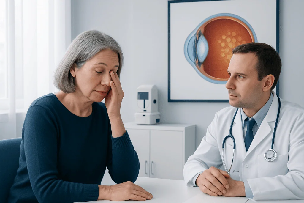 Patient experiencing eye discomfort during consultation with doctor.