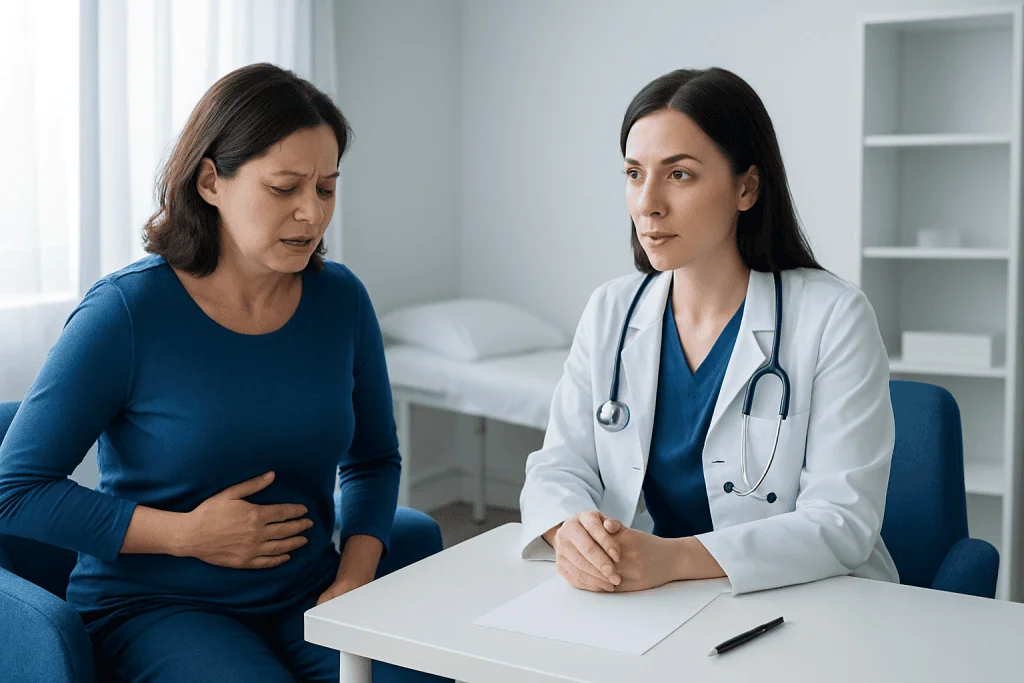 Doctor consulting with a patient about gallstones in a clinical setting.