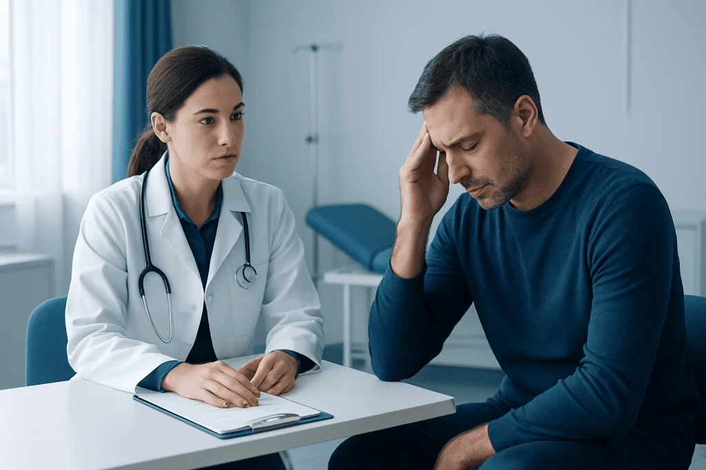 Doctor consulting with a patient experiencing headache or stress in a medical office.