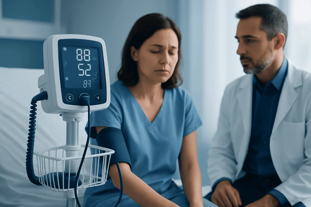 Patient with low blood pressure monitored by healthcare professional in hospital.