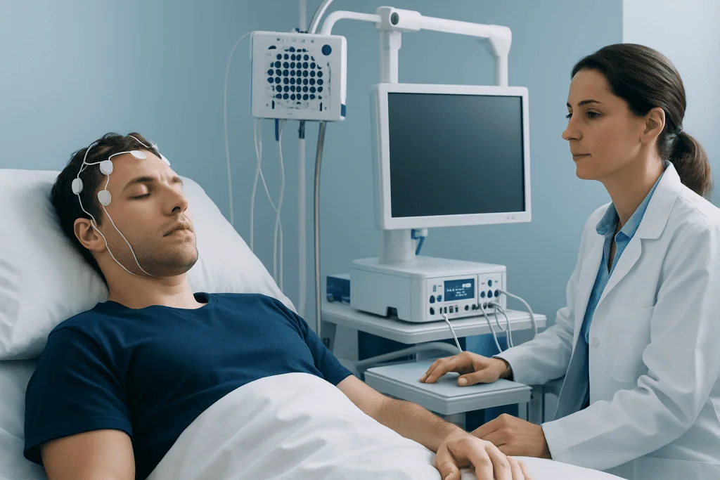 Patient undergoing sleep study with EEG monitoring at Acibadem Hospital.