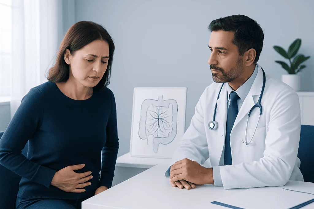 Doctor consulting with patient about abdominal pain and digestive health.