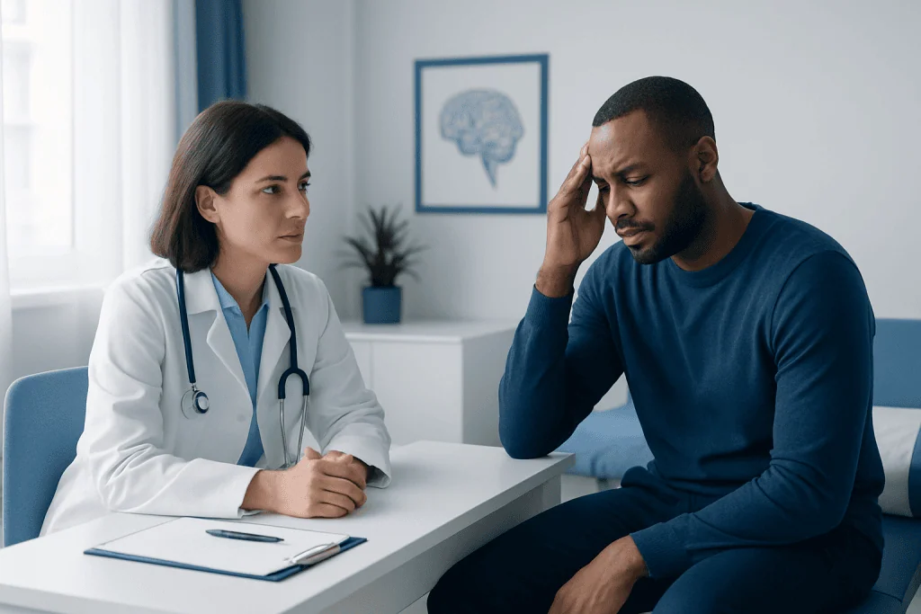 Doctor consulting with a patient experiencing headache or stress.