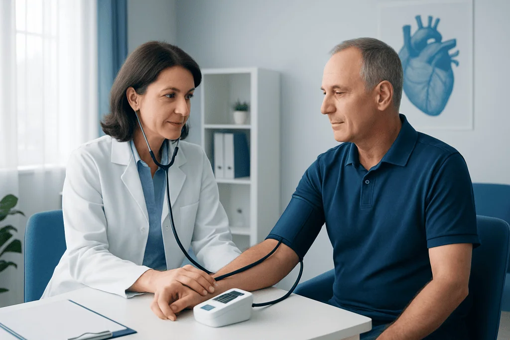 Doctor measuring patient's blood pressure in a medical consultation.