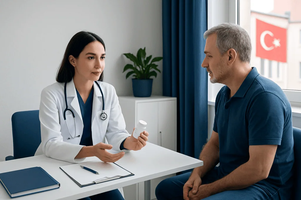 Doctor explaining medication to patient in clinic setting.