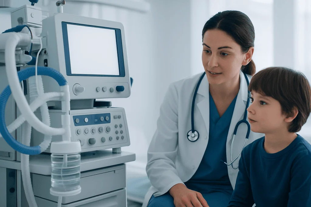 Pediatric doctor explaining medical equipment to a young patient in a hospital.