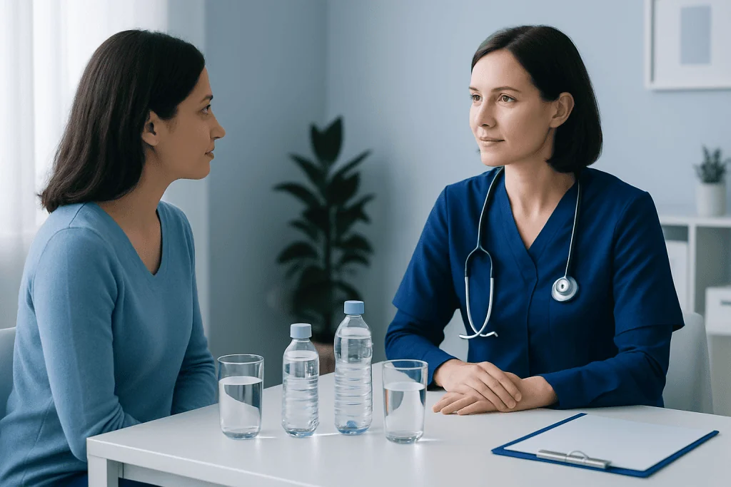 Doctor consulting with patient in a medical office setting.