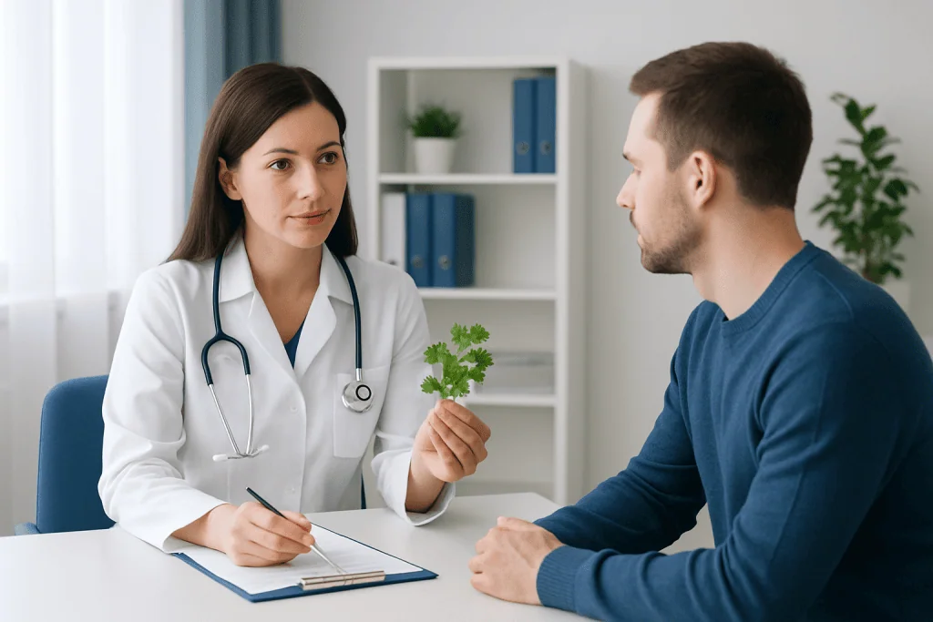Doctor explaining cilantro benefits to patient in consultation room.