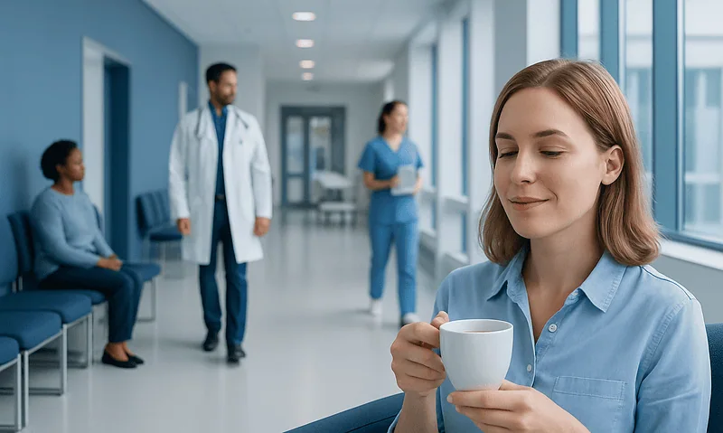 Woman enjoying tea in hospital corridor with medical staff in background.