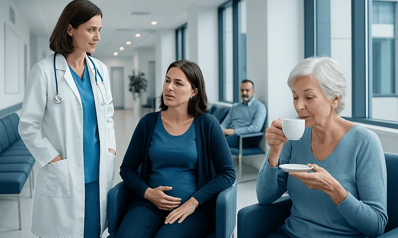 Doctor consulting with female patient in hospital waiting area.