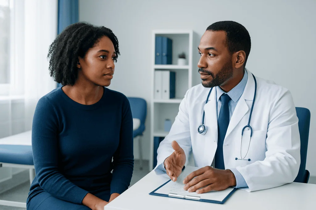African American woman consulting with a doctor in a medical office.