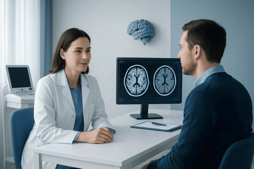 Doctor and patient discussing brain scan images in a medical consultation room.